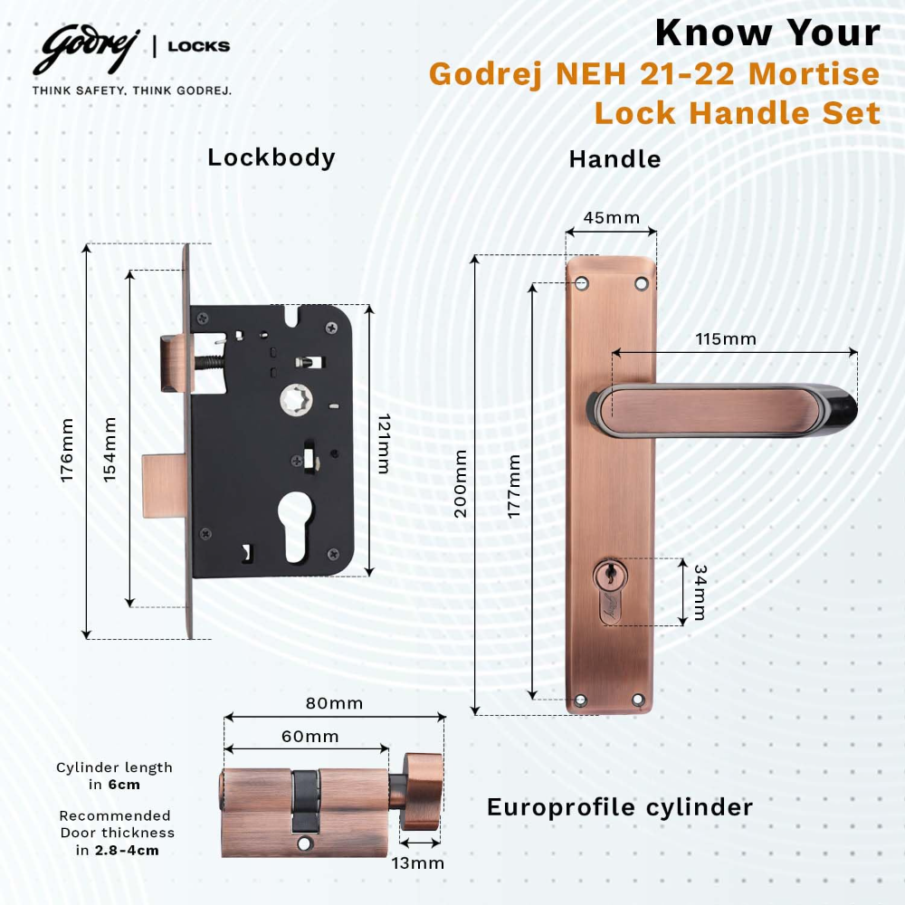 Godrej Mortise Lock|Handle Lock Set for Main & Internal Door of Home & Offices|NEH 21|Black Antique Finish|8 inch Lockbody|60 mm Cylinder Key from outside knob from inside & 3 Keys|5 Years Warranty